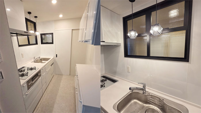 ガラス窓とペンダントライトが映えるキッチン｜台東区