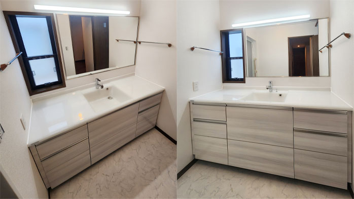 フレームミラーが主役の洗面台にリフォーム｜さいたま市