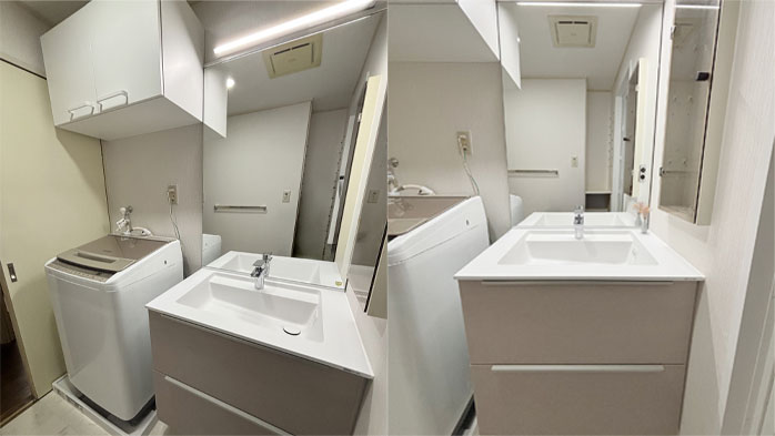 大きな一面鏡が特徴の洗面台にリフォーム｜春日部市