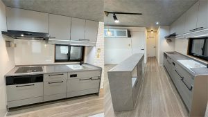 落ち着いたグレーの上品キッチンにリフォーム｜墨田区
